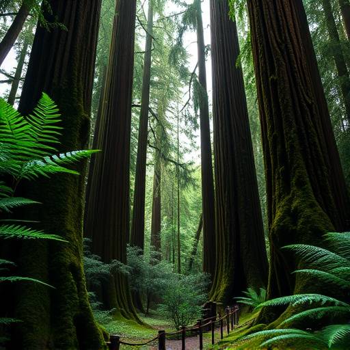 Cathedral Grove on Vancouver Island featuring giant old-growth trees with thick moss and ferns.