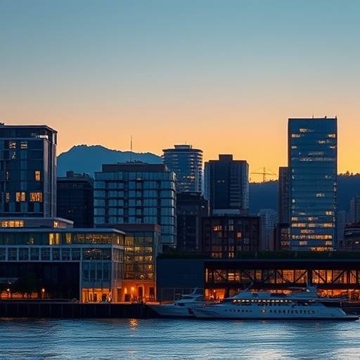 Downtown Vancouver cityscape at dusk, showcasing modern architecture and waterfront views.
