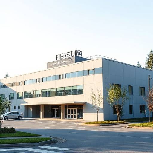 Exterior shot of a large film studio complex in Burnaby, BC.