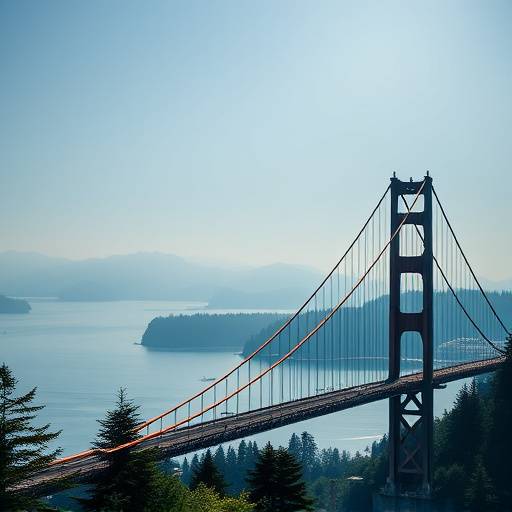 Lions Gate Bridge: iconic suspension bridge spanning Burrard Inlet with Stanley Park in the background.