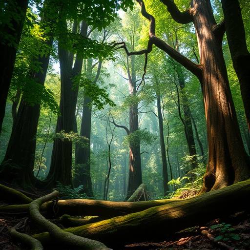 Lush, ancient rainforest with towering trees, moss-covered logs, and a dense canopy.