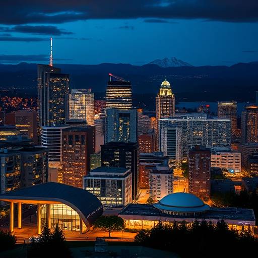Night view of downtown Vancouver's skyline, highlighting its modern architecture.