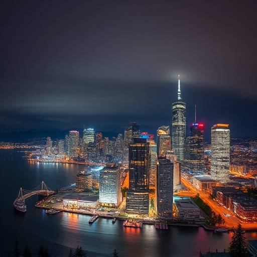 Panoramic view of downtown Vancouver at night with illuminated skyscrapers and Burrard Inlet.