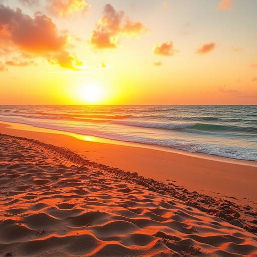 Secluded sandy beach with a vibrant sunset over the Pacific Ocean.